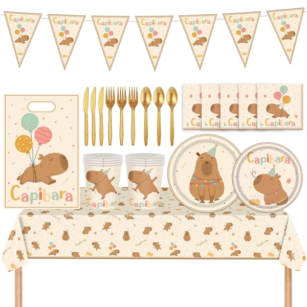 Capybara Disposable Tablewares Children's Birthday Party Baby Shower Plates Cups Tablecloth Flag Pulling Party Deco