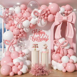 Pink Bow Theme Disposable Tableware Happy 1st Birthday Party Decoration Kids Girls Favors Balloons Gift Bag Baby Shower Supplies