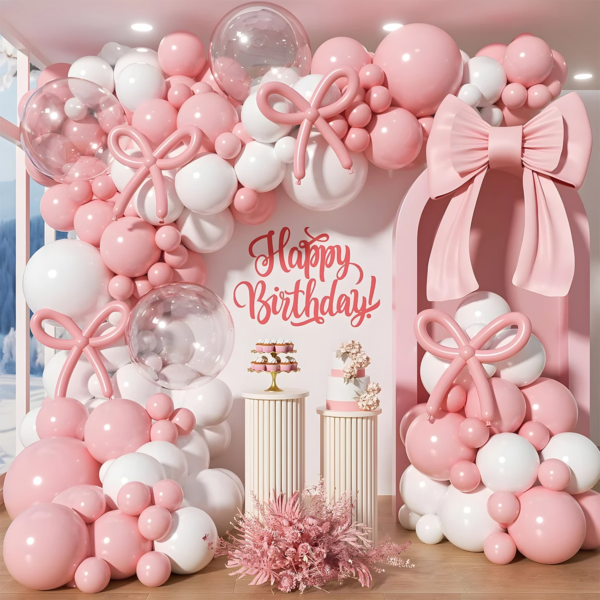 Pink Bow Theme Disposable Tableware Happy 1st Birthday Party Decoration Kids Girls Favors Balloons Gift Bag Baby Shower Supplies