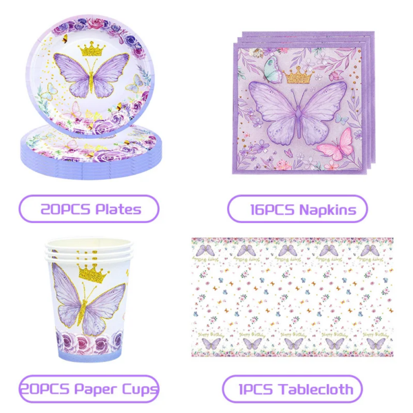 Butterfly Birthday Party Decoration Theme Tableware Set Plates Cups Napkins Backdrop Balloon Banner Girls Favors Party Supplies - Image 2