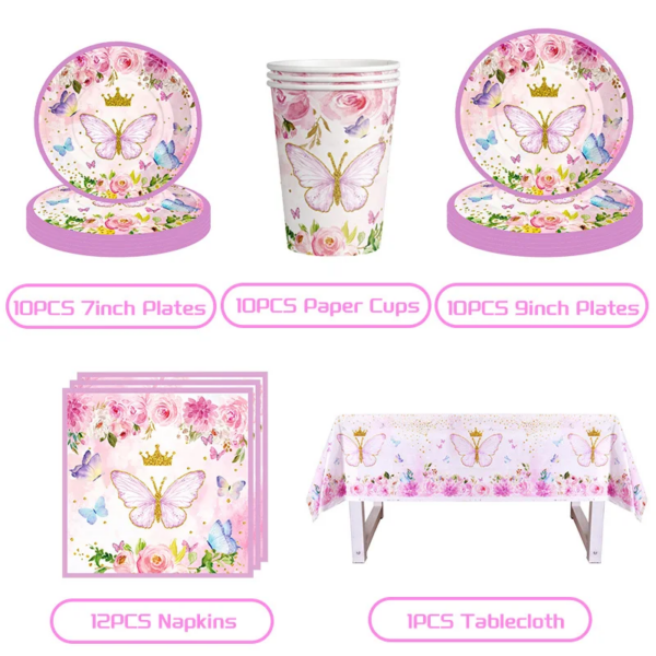 Butterfly Birthday Party Decoration Theme Tableware Set Plates Cups Napkins Backdrop Balloon Banner Girls Favors Party Supplies - Image 3