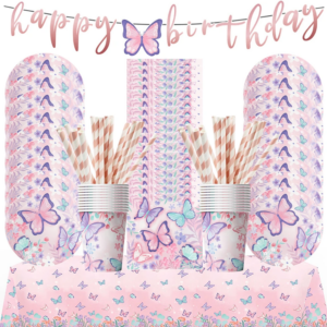 Fairy Butterfly Girls Birthday Disposable Tableware Pink Butterfly Paper Plates Cups Napkin Tablecloth Birthday Party Decoration