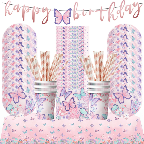 Fairy Butterfly Girls Birthday Disposable Tableware Pink Butterfly Paper Plates Cups Napkin Tablecloth Birthday Party Decoration