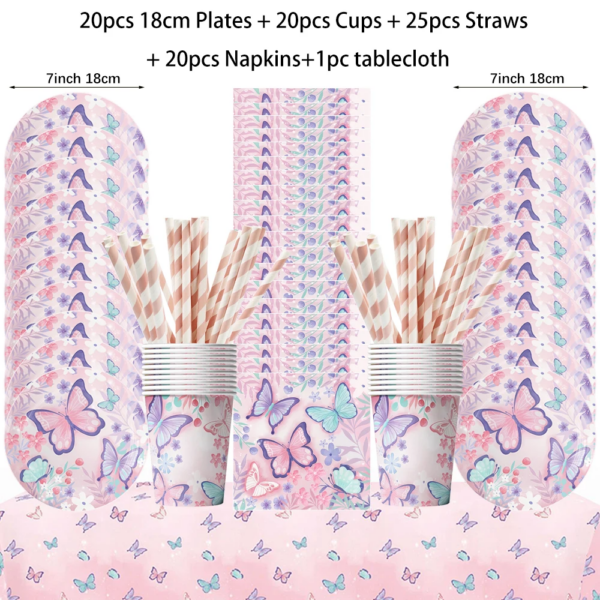 Fairy Butterfly Girls Birthday Disposable Tableware Pink Butterfly Paper Plates Cups Napkin Tablecloth Birthday Party Decoration - Image 2