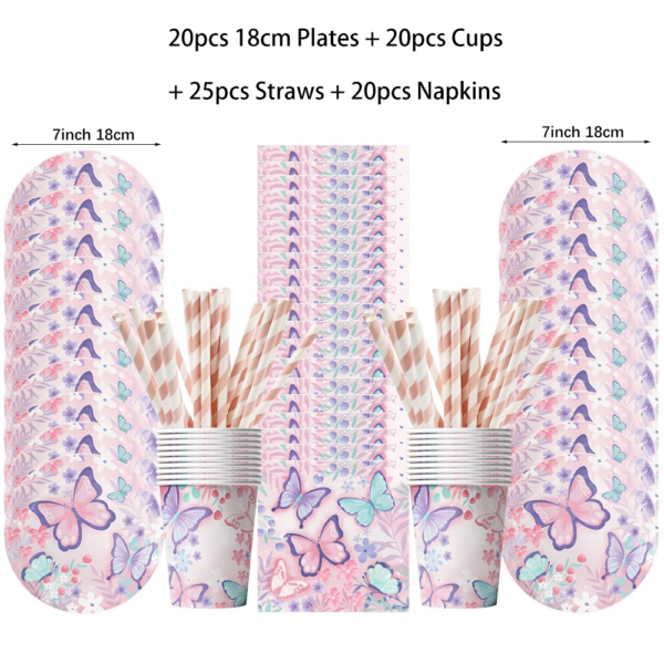 Fairy Butterfly Girls Birthday Disposable Tableware Pink Butterfly Paper Plates Cups Napkin Tablecloth Birthday Party Decoration - Image 4