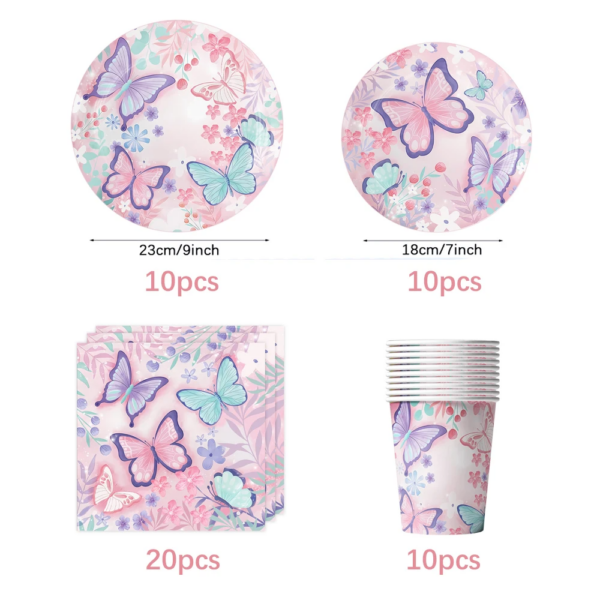 Fairy Butterfly Girls Birthday Disposable Tableware Pink Butterfly Paper Plates Cups Napkin Tablecloth Birthday Party Decoration - Image 3