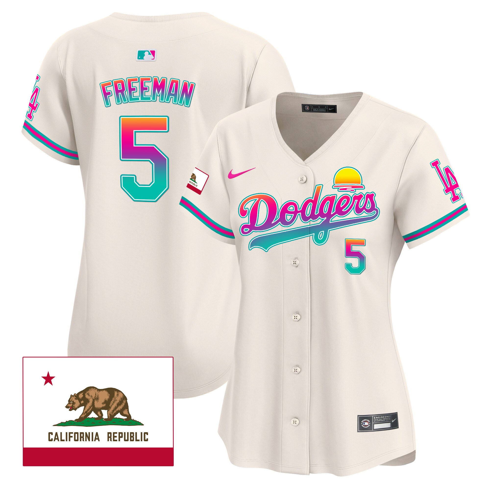Freddie Freeman 5 Los Angeles Dodgers 2024 Los Angeles City Style California Republic Patch Women Jersey - Cream
