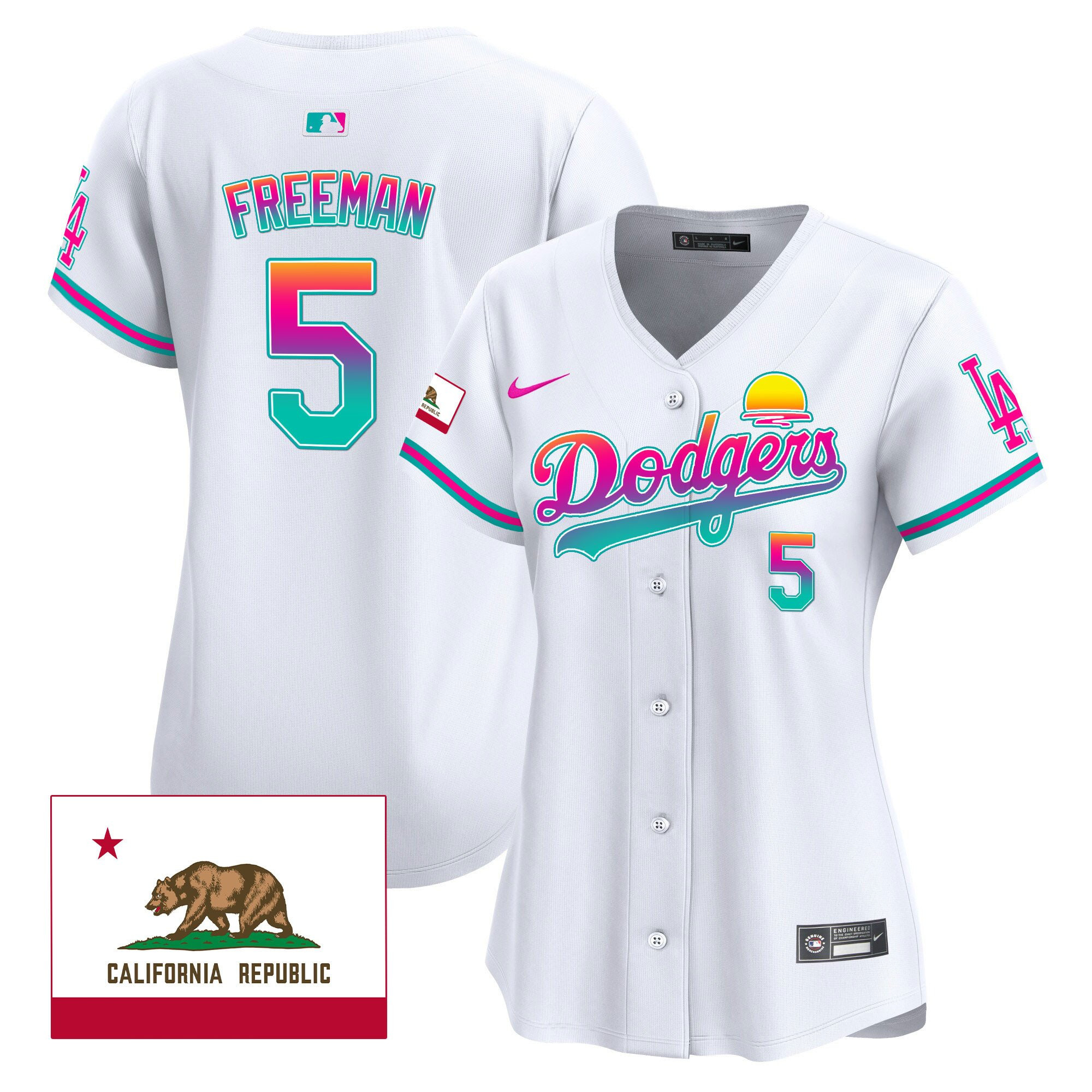 Freddie Freeman 5 Los Angeles Dodgers 2024 Los Angeles City Style California Republic Patch Women Jersey - White
