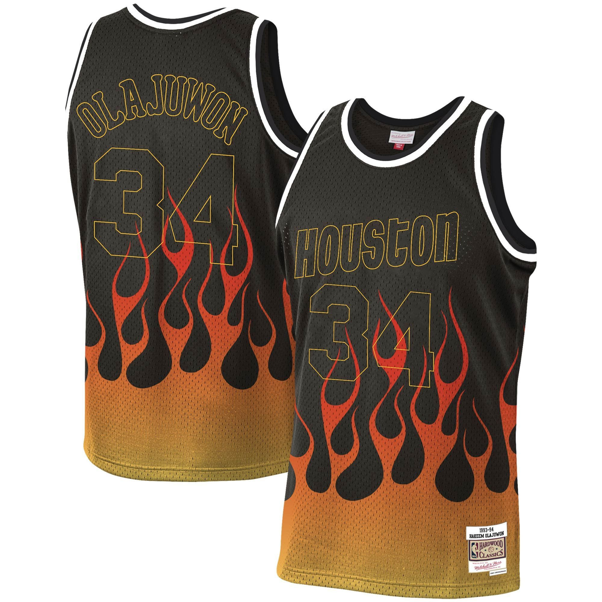 Hakeem Olajuwon Houston Rockets Mitchell & Ness 1993-94 Hardwood Classics Flames Swingman Jersey â€“ Black - JS284