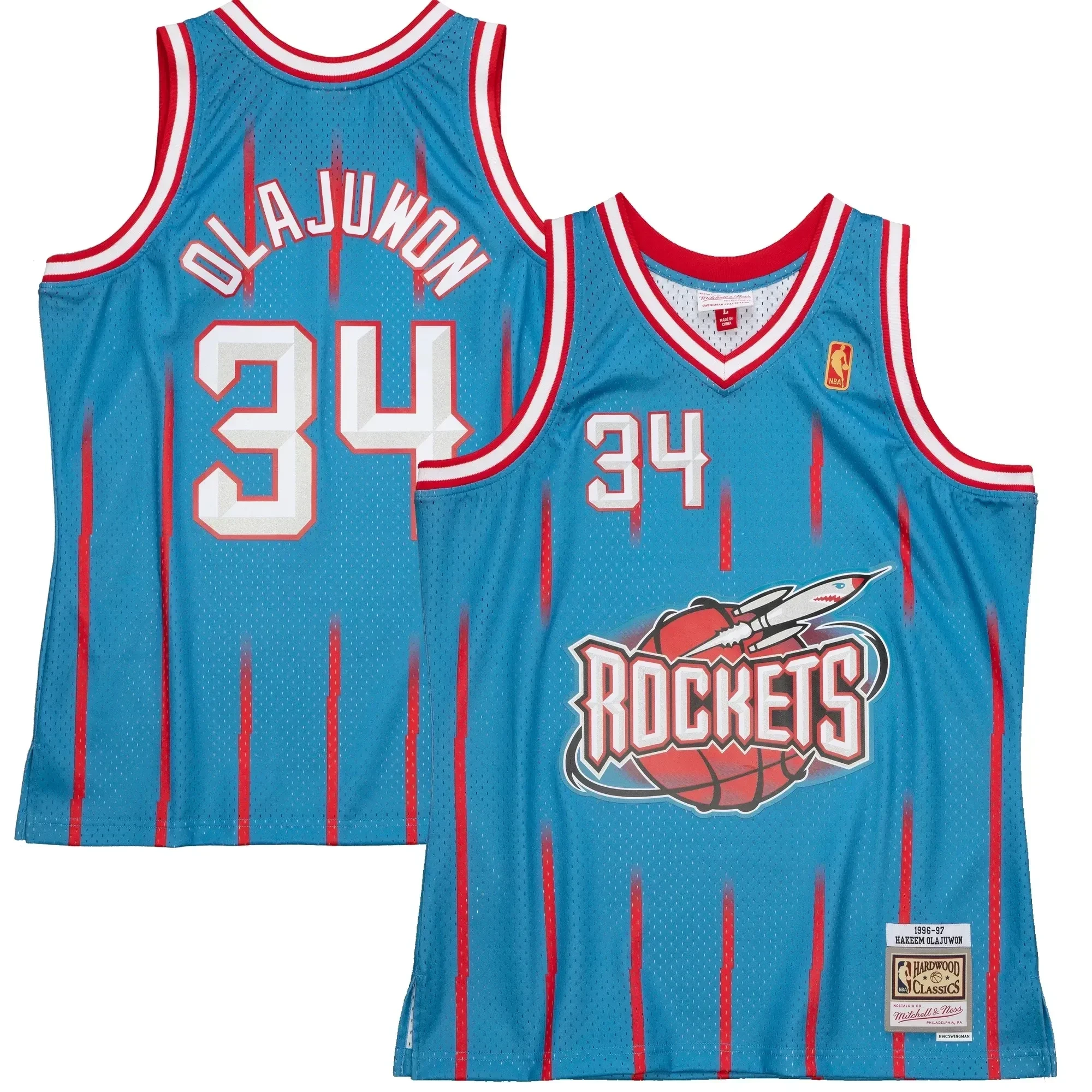 Hakeem Olajuwon Houston Rockets Mitchell & Ness 1996-97 Hardwood Classics Reload 2.0 Swingman Jersey - Light Blue - JS833