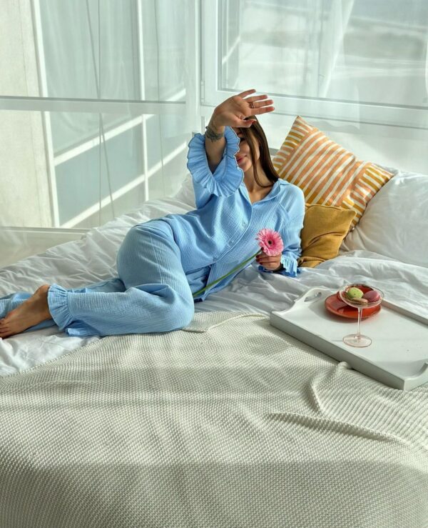 Muslin Pajama set Double gauze loungewear 100% cotton pyjama Bachelorette party pjs Bridal pajamas Crinkle cotton pajama Cotton Ruffle set - Image 4