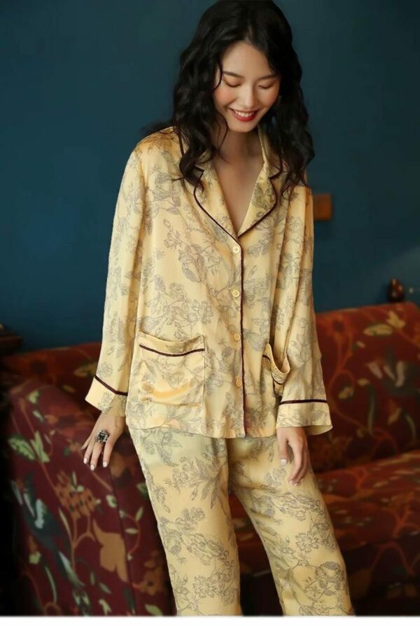Silk Pajamas in Classic Yellow with Oriental Floral Print – Soft Breathable Nightwear for Women, Elegant Silk Sleepwear with Oriental Design - Image 6