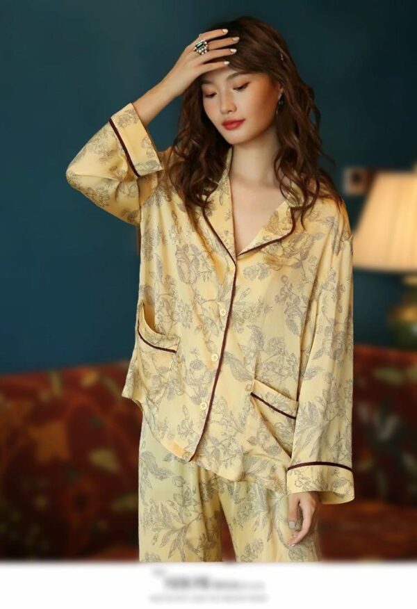 Silk Pajamas in Classic Yellow with Oriental Floral Print – Soft Breathable Nightwear for Women, Elegant Silk Sleepwear with Oriental Design - Image 4