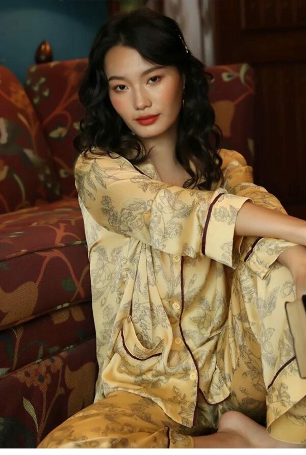 Silk Pajamas in Classic Yellow with Oriental Floral Print – Soft Breathable Nightwear for Women, Elegant Silk Sleepwear with Oriental Design - Image 5