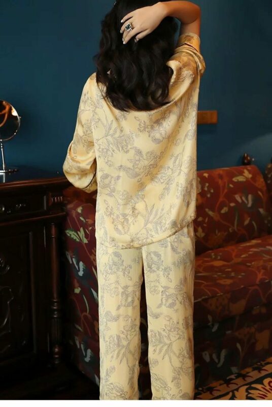 Silk Pajamas in Classic Yellow with Oriental Floral Print – Soft Breathable Nightwear for Women, Elegant Silk Sleepwear with Oriental Design - Image 3