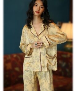 Silk Pajamas in Classic Yellow with Oriental Floral Print – Soft Breathable Nightwear for Women, Elegant Silk Sleepwear with Oriental Design