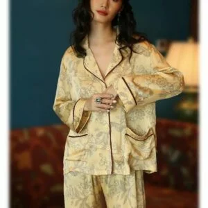 Silk Pajamas in Classic Yellow with Oriental Floral Print – Soft Breathable Nightwear for Women, Elegant Silk Sleepwear with Oriental Design