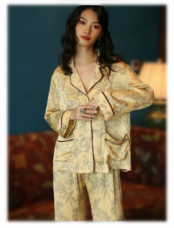 Silk Pajamas in Classic Yellow with Oriental Floral Print – Soft Breathable Nightwear for Women, Elegant Silk Sleepwear with Oriental Design