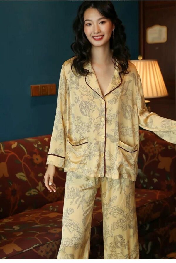 Silk Pajamas in Classic Yellow with Oriental Floral Print – Soft Breathable Nightwear for Women, Elegant Silk Sleepwear with Oriental Design - Image 7