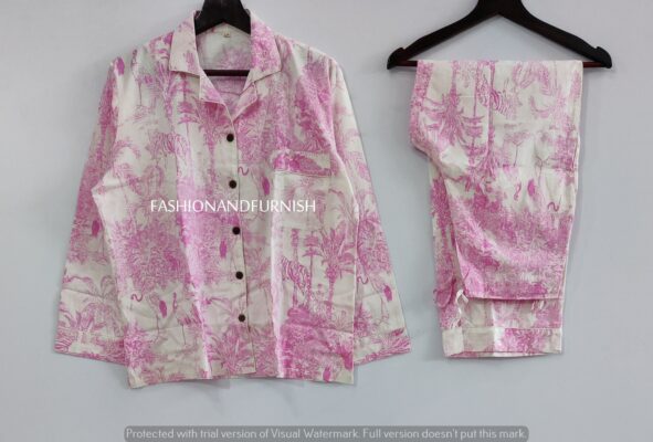 Womens cotton pj's, Soft cotton pajama Set trousers shirts, Unique printed pyjama set, Block Print pj set - Image 7