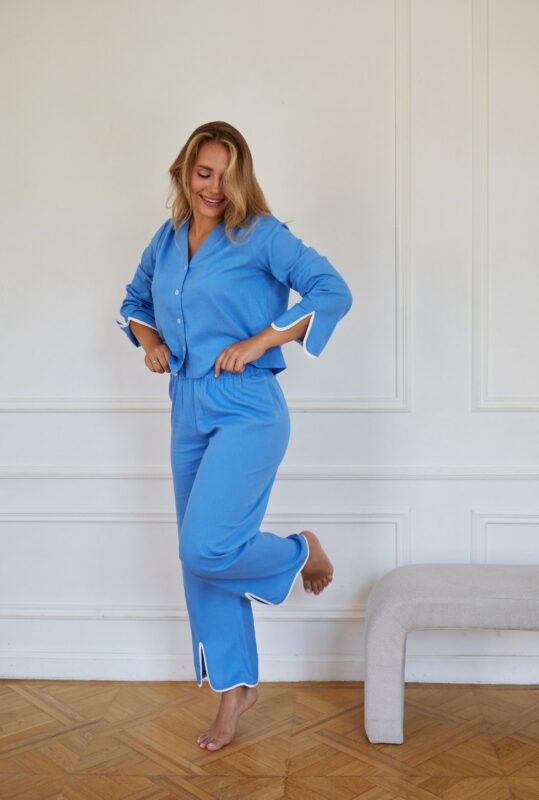 Lounge and sleep wear set, blue linen pajamas, bridesmaids pj set, bride pajamas, pj set gift for her, home wear, summer clothes pants - Image 5