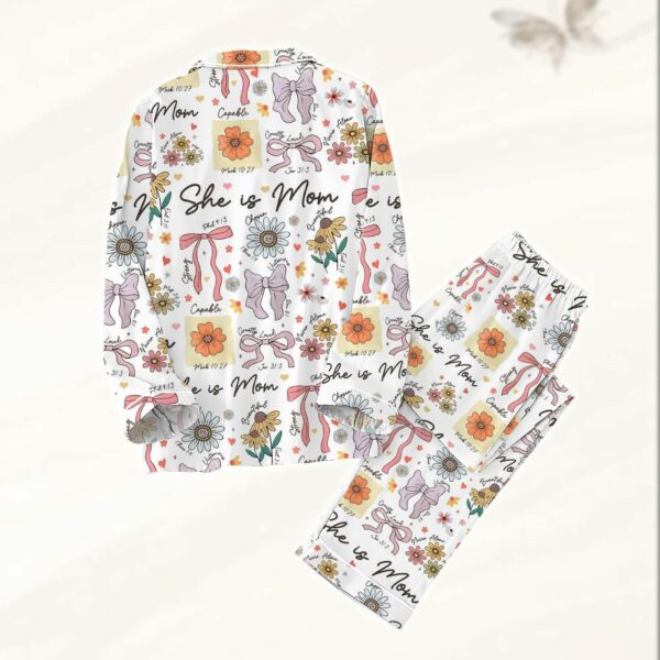 She Is Mom Coquette Bow Pajamas Set, Christian Women Pajamas, Mom Life Holiday Pajamas, Bible Verses Pjs, Mother's Day Gifts - Image 3