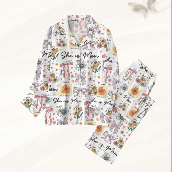 She Is Mom Coquette Bow Pajamas Set, Christian Women Pajamas, Mom Life Holiday Pajamas, Bible Verses Pjs, Mother's Day Gifts - Image 2