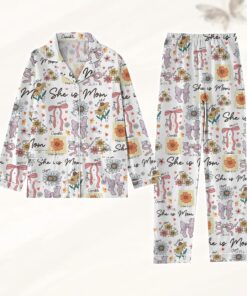 She Is Mom Coquette Bow Pajamas Set, Christian Women Pajamas, Mom Life Holiday Pajamas, Bible Verses Pjs, Mother's Day Gifts