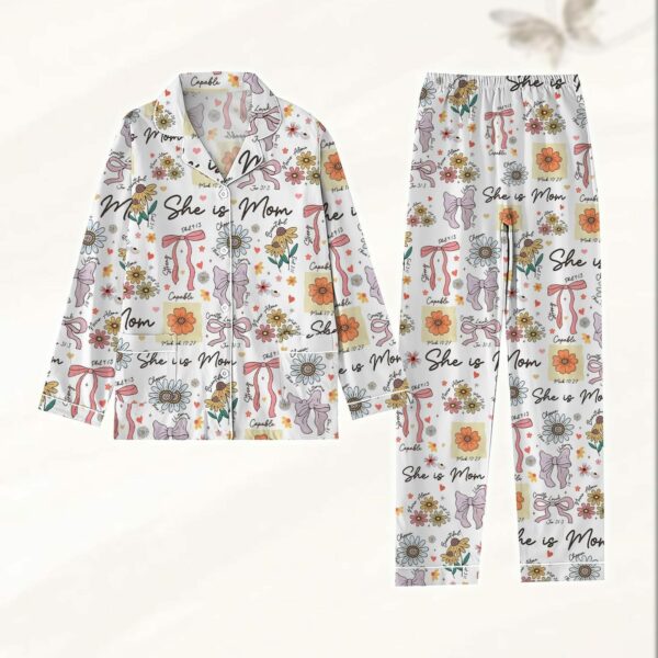 She Is Mom Coquette Bow Pajamas Set, Christian Women Pajamas, Mom Life Holiday Pajamas, Bible Verses Pjs, Mother's Day Gifts