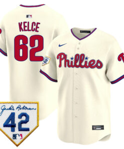Jason Kelce 62 Philadelphia Phillies 2024 Jackie Robinson Patch Men Jersey - Cream