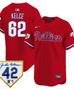 Jason Kelce 62 Philadelphia Phillies 2024 Jackie Robinson Patch Men Jersey - Red