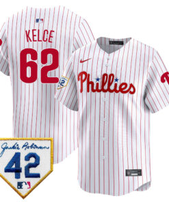 Jason Kelce 62 Philadelphia Phillies 2024 Jackie Robinson Patch Men Jersey - White