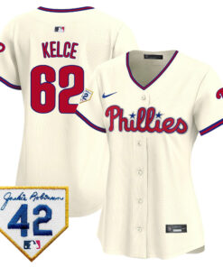 Jason Kelce 62 Philadelphia Phillies 2024 Jackie Robinson Patch Women Jersey - Cream