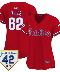 Jason Kelce 62 Philadelphia Phillies 2024 Jackie Robinson Patch Women Jersey - Red