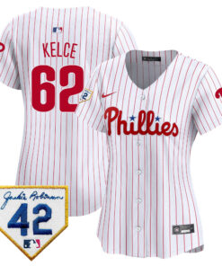 Jason Kelce 62 Philadelphia Phillies 2024 Jackie Robinson Patch Women Jersey - White