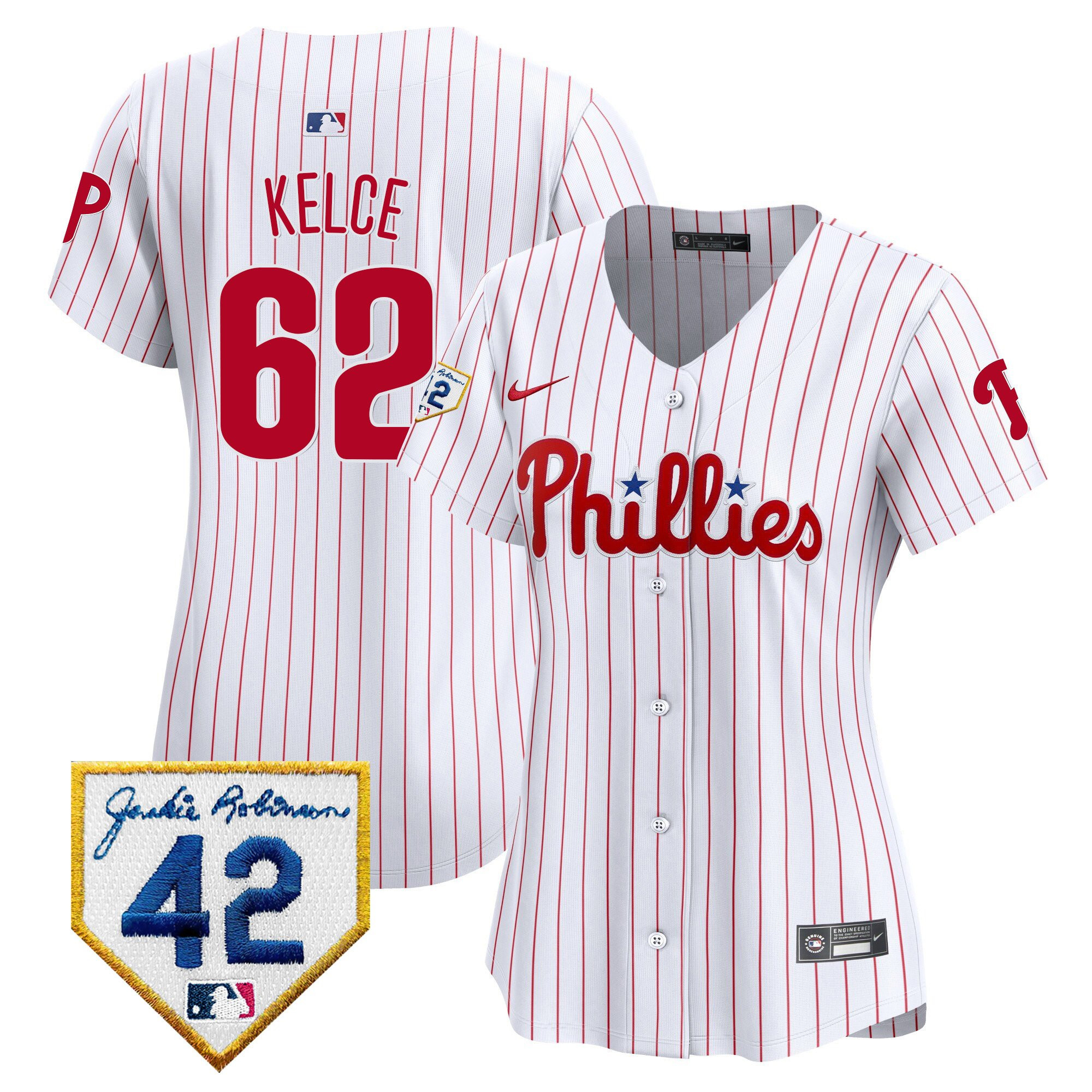 Jason Kelce 62 Philadelphia Phillies 2024 Jackie Robinson Patch Women Jersey - White