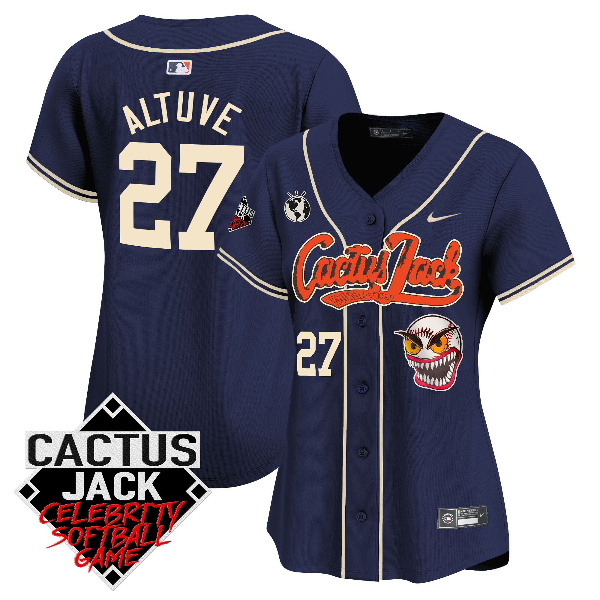 JosÃ© Altuve 27 Houston Astros Cactus Jack Celebrity Softball Game Patch Women Jersey - Navy