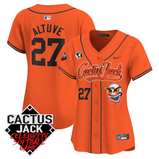 JosÃ© Altuve 27 Houston Astros Cactus Jack Celebrity Softball Game Patch Women Jersey - Orange