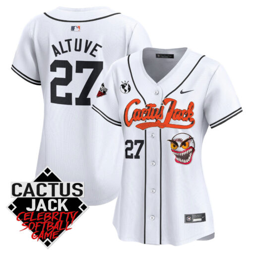 JosÃ© Altuve 27 Houston Astros Cactus Jack Celebrity Softball Game Patch Women Jersey - White