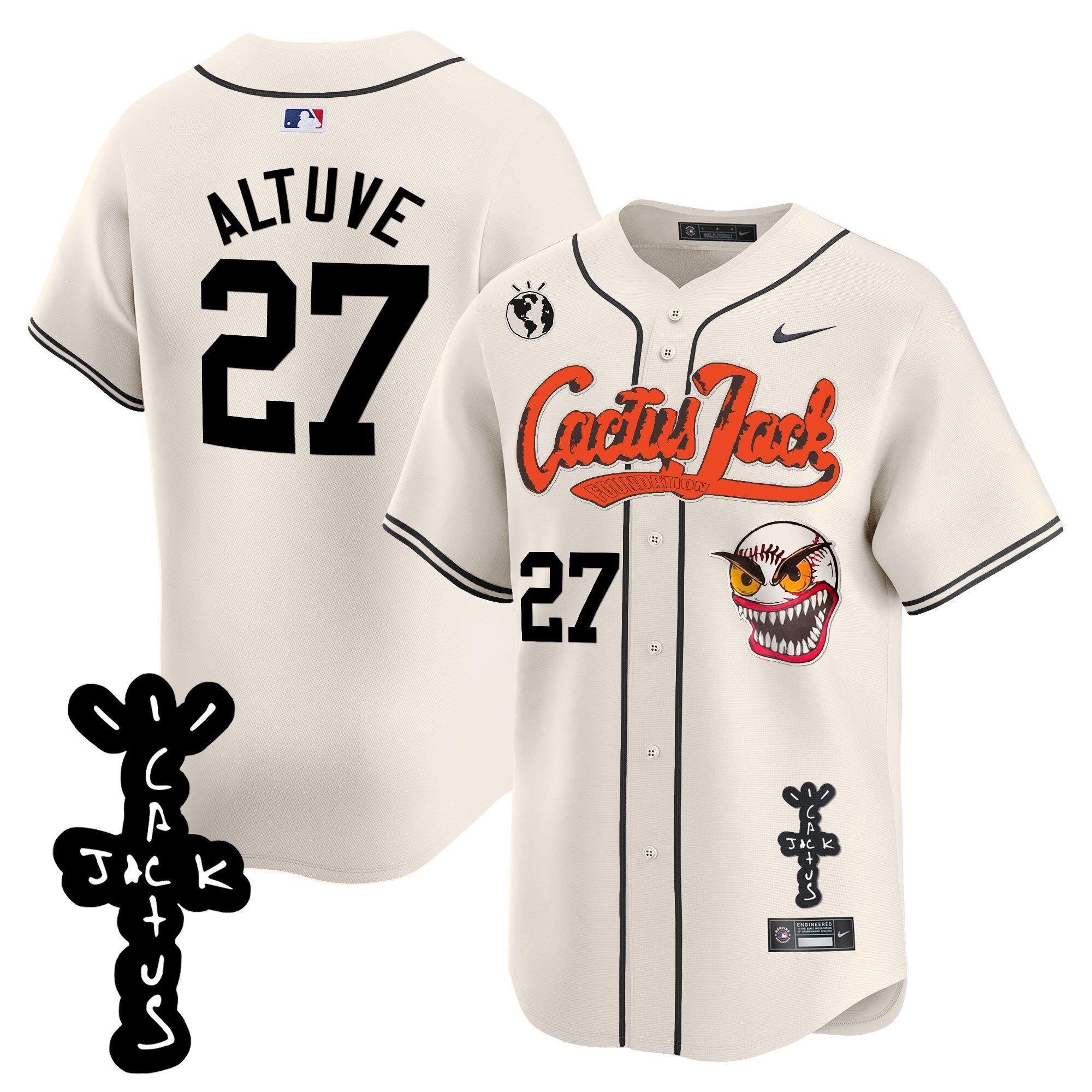 JosÃ© Altuve 27 Houston Astros Cactus Jack Patch V2 Men Jersey - Cream