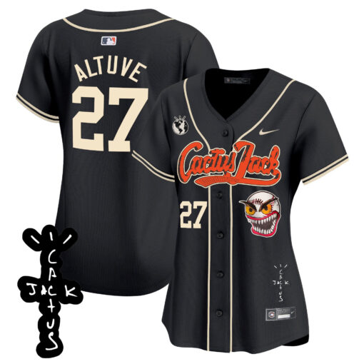 JosÃ© Altuve 27 Houston Astros Cactus Jack Patch V2 Women Jersey - Black