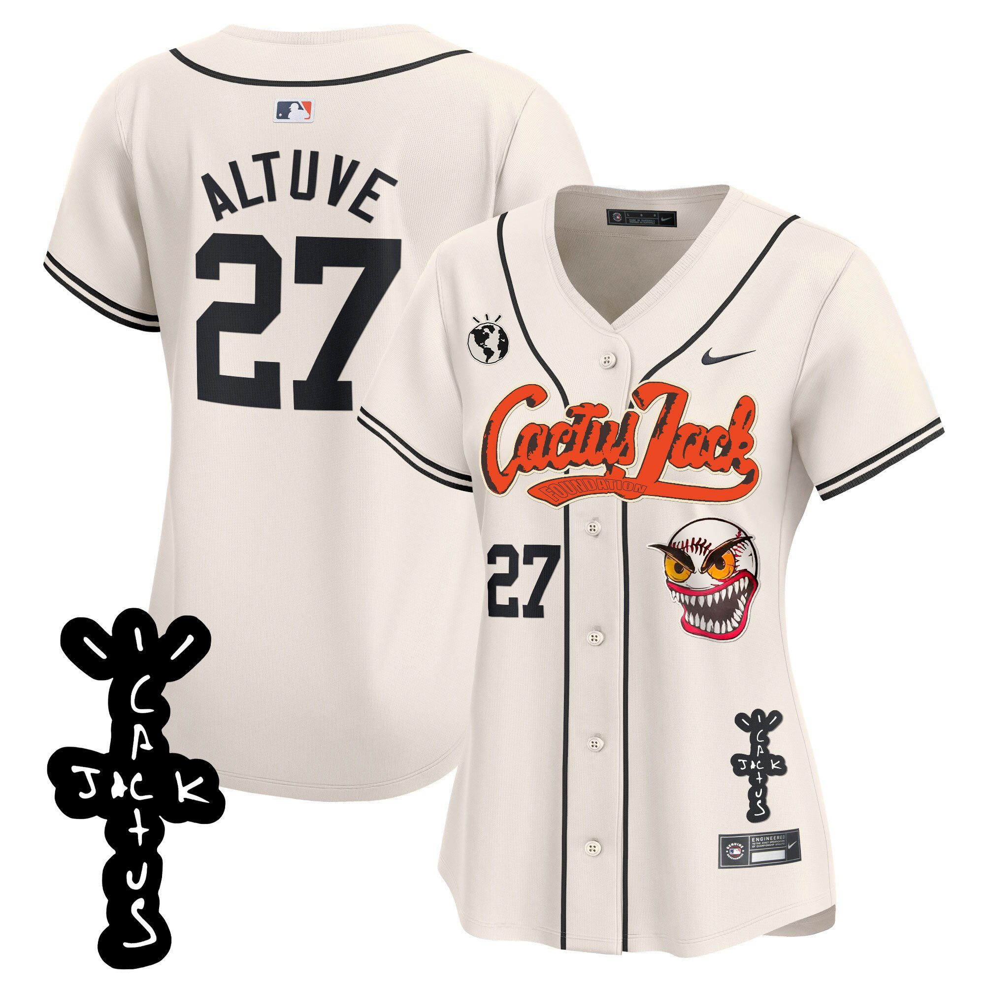 JosÃ© Altuve 27 Houston Astros Cactus Jack Patch V2 Women Jersey - Cream