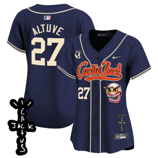 JosÃ© Altuve 27 Houston Astros Cactus Jack Patch V2 Women Jersey - Navy