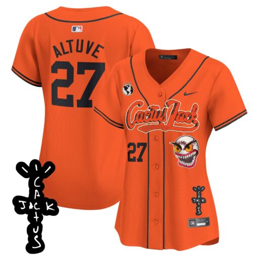 JosÃ© Altuve 27 Houston Astros Cactus Jack Patch V2 Women Jersey - Orange