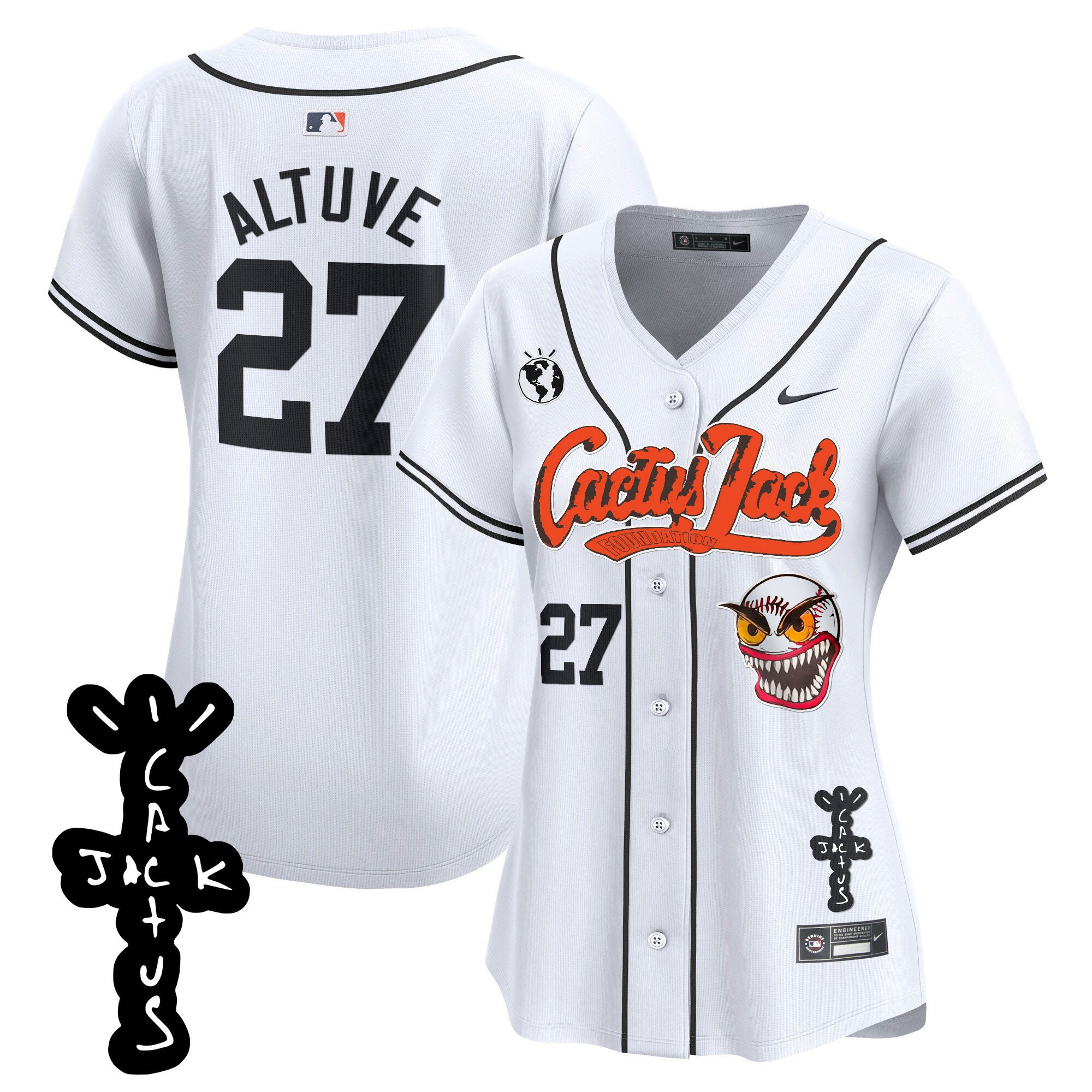 JosÃ© Altuve 27 Houston Astros Cactus Jack Patch V2 Women Jersey - White