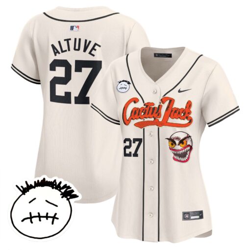 JosÃ© Altuve 27 Houston Astros Cactus Jack Patch V3 Women Jersey - Cream