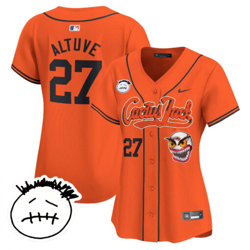 JosÃ© Altuve 27 Houston Astros Cactus Jack Patch V3 Women Jersey - Orange