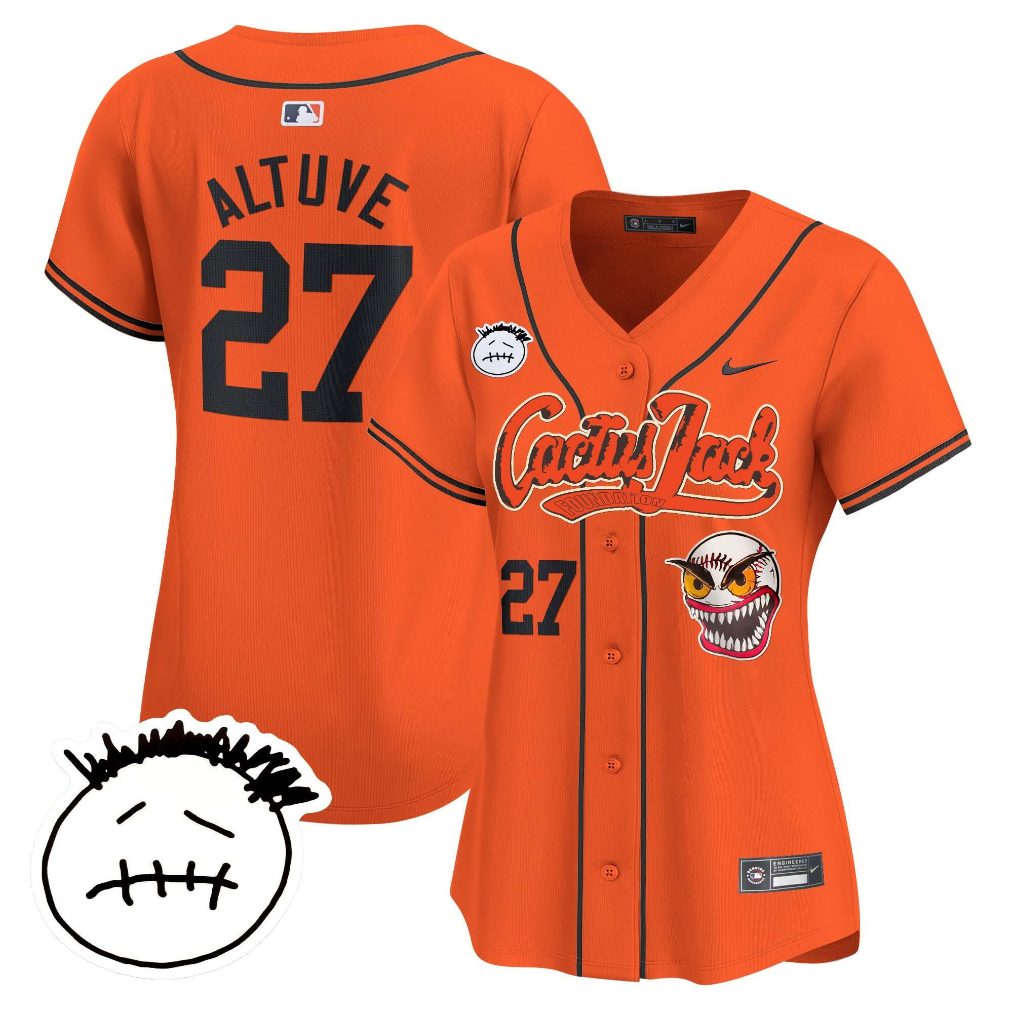 JosÃ© Altuve 27 Houston Astros Cactus Jack Patch V3 Women Jersey - Orange