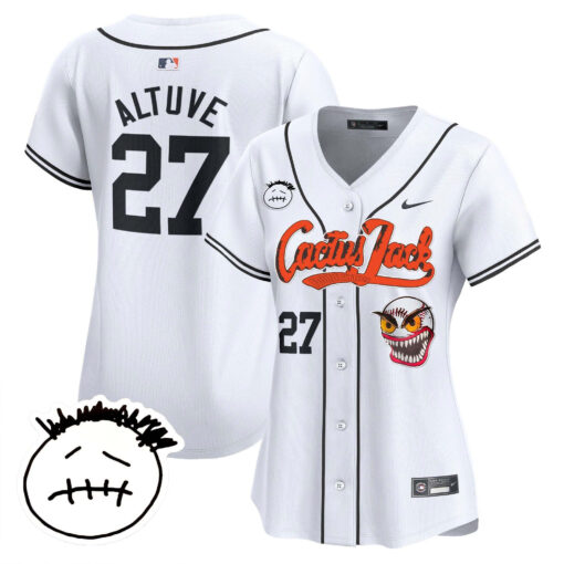 JosÃ© Altuve 27 Houston Astros Cactus Jack Patch V3 Women Jersey - White