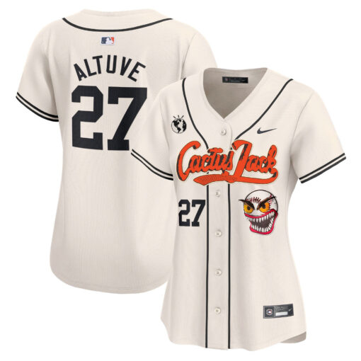 JosÃ© Altuve 27 Houston Astros Cactus Jack Patch Women Jersey - Cream
